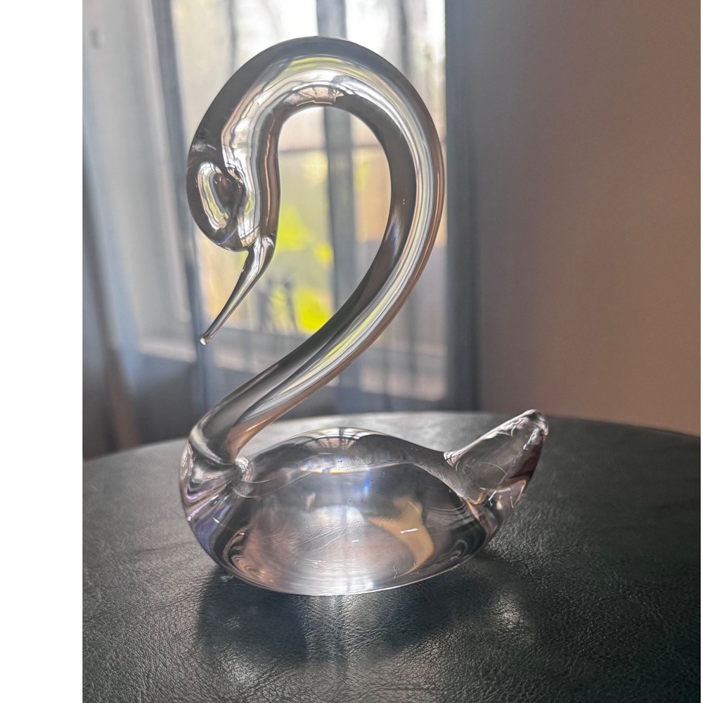 Vintage Clear Hand Blown Glass Swan Figurine Art Glass Paperweight Sculpture 4x6